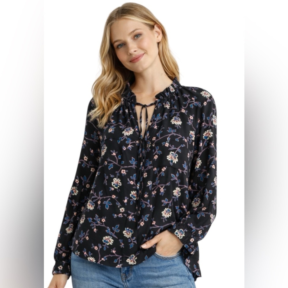 LOFT Black Floral Tie Neck Blouse SizeM